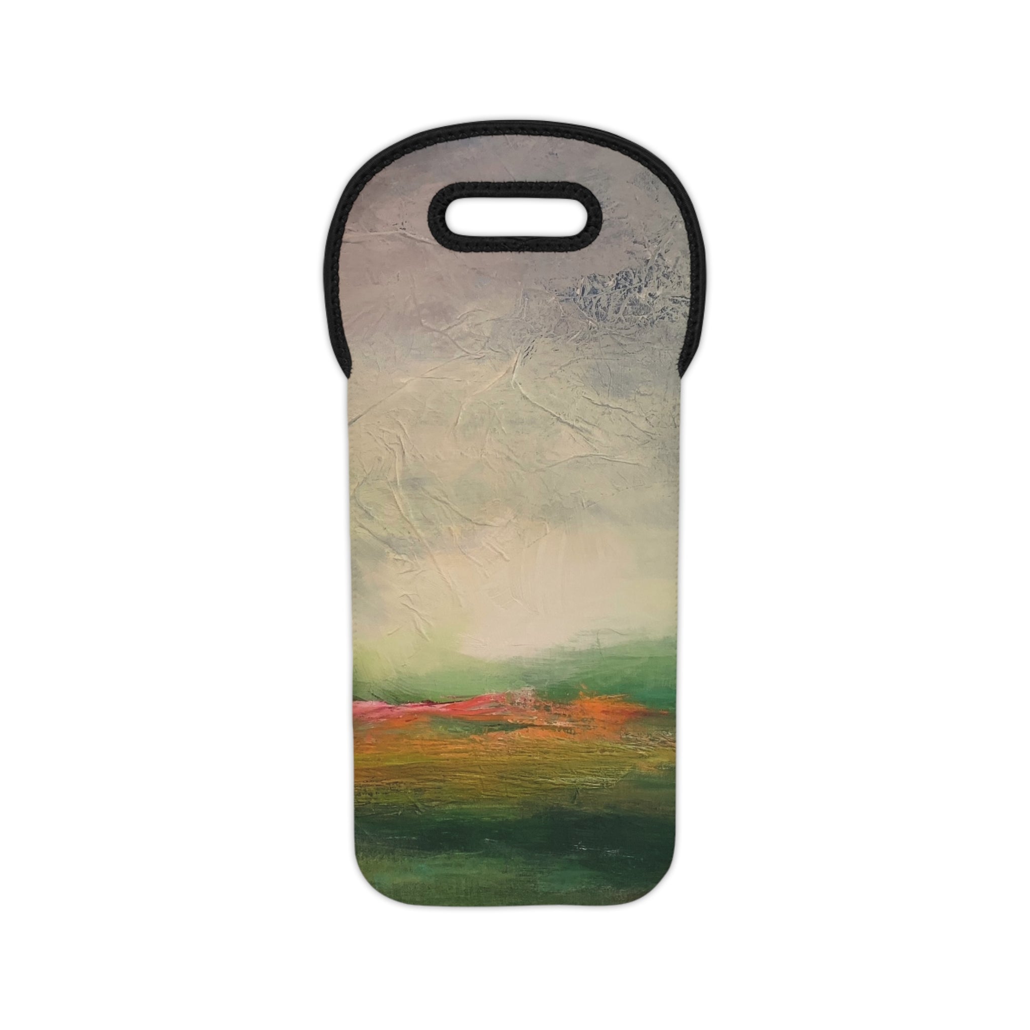 Green Abstract Landscape Wine Tote Bag – Painted Green & Coral Neoprene Wine Carrier