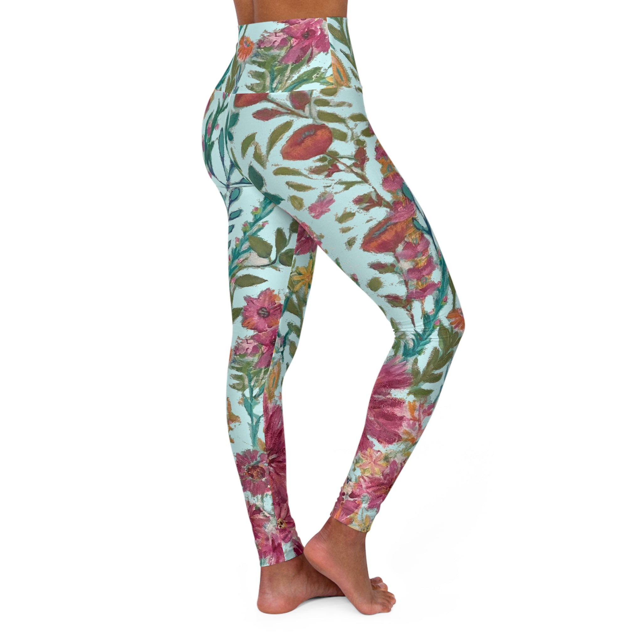Flower Garden on Light Cyan Blue High Waisted Leggings