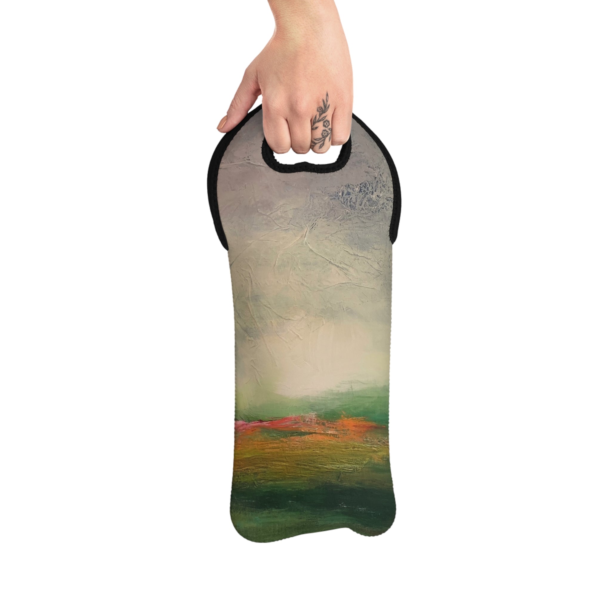 Green Abstract Landscape Wine Tote Bag – Painted Green & Coral Neoprene Wine Carrier