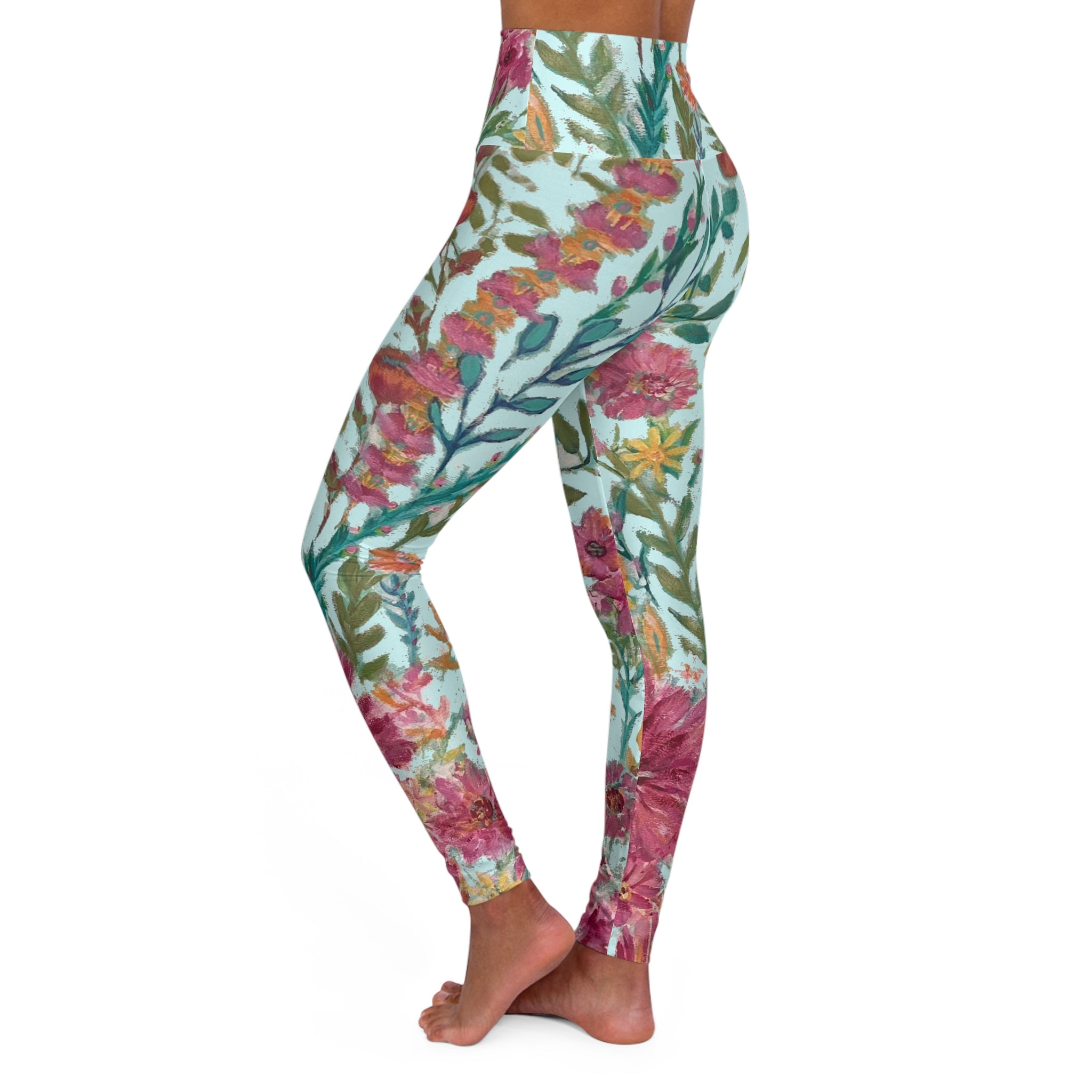 Flower Garden on Light Cyan Blue High Waisted Leggings