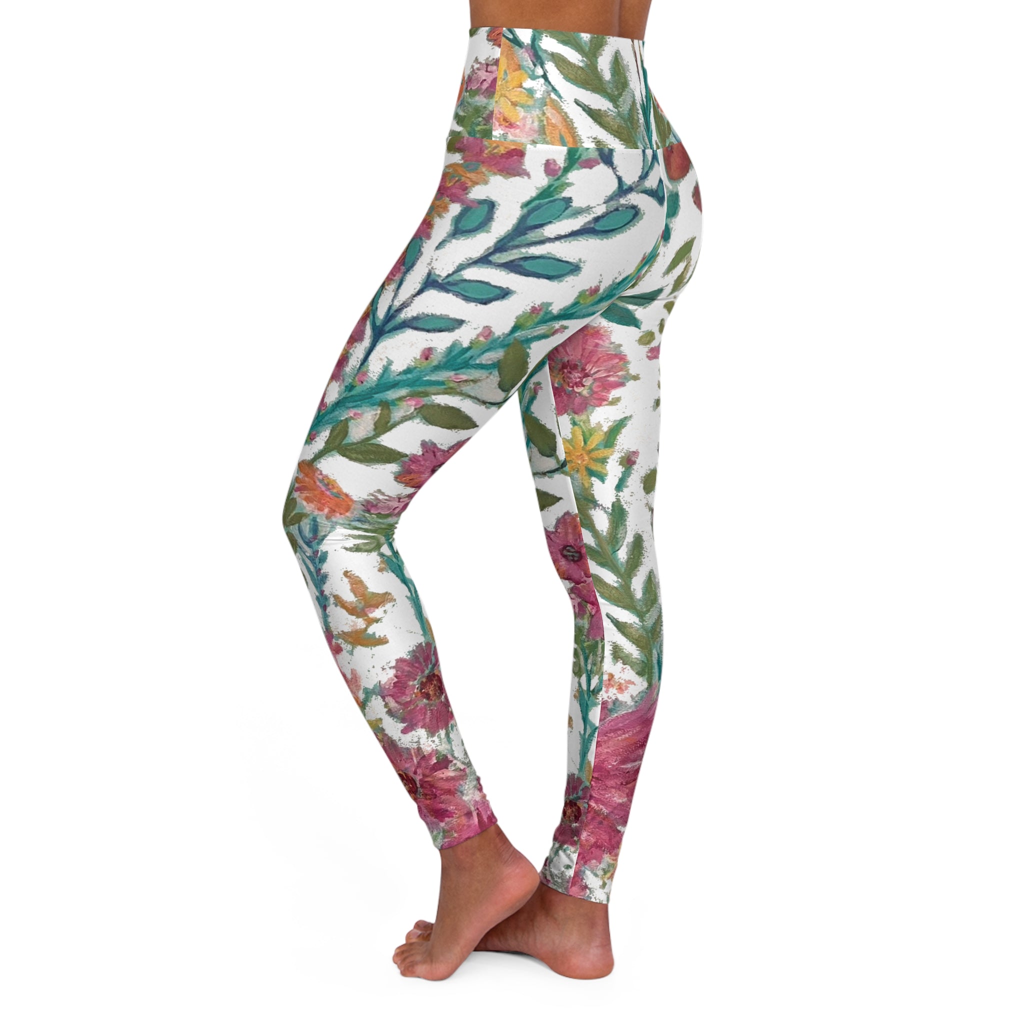Flower Garden on White High-Waist  Leggings