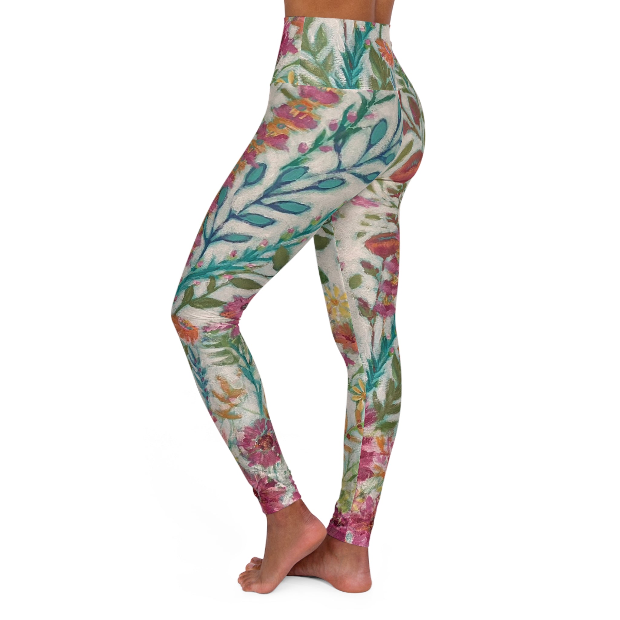 Flower Garden on Cream High-Waist Leggings