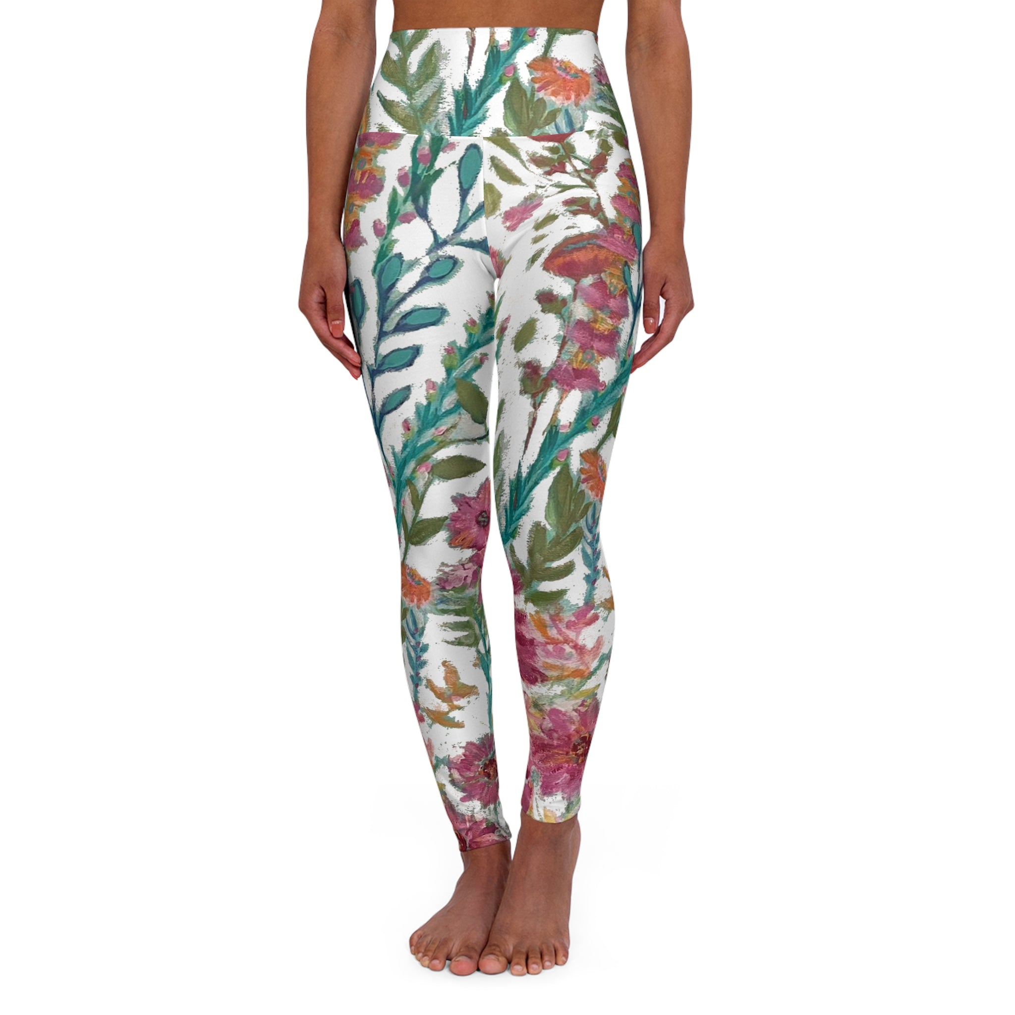 Flower Garden on White High-Waist  Leggings