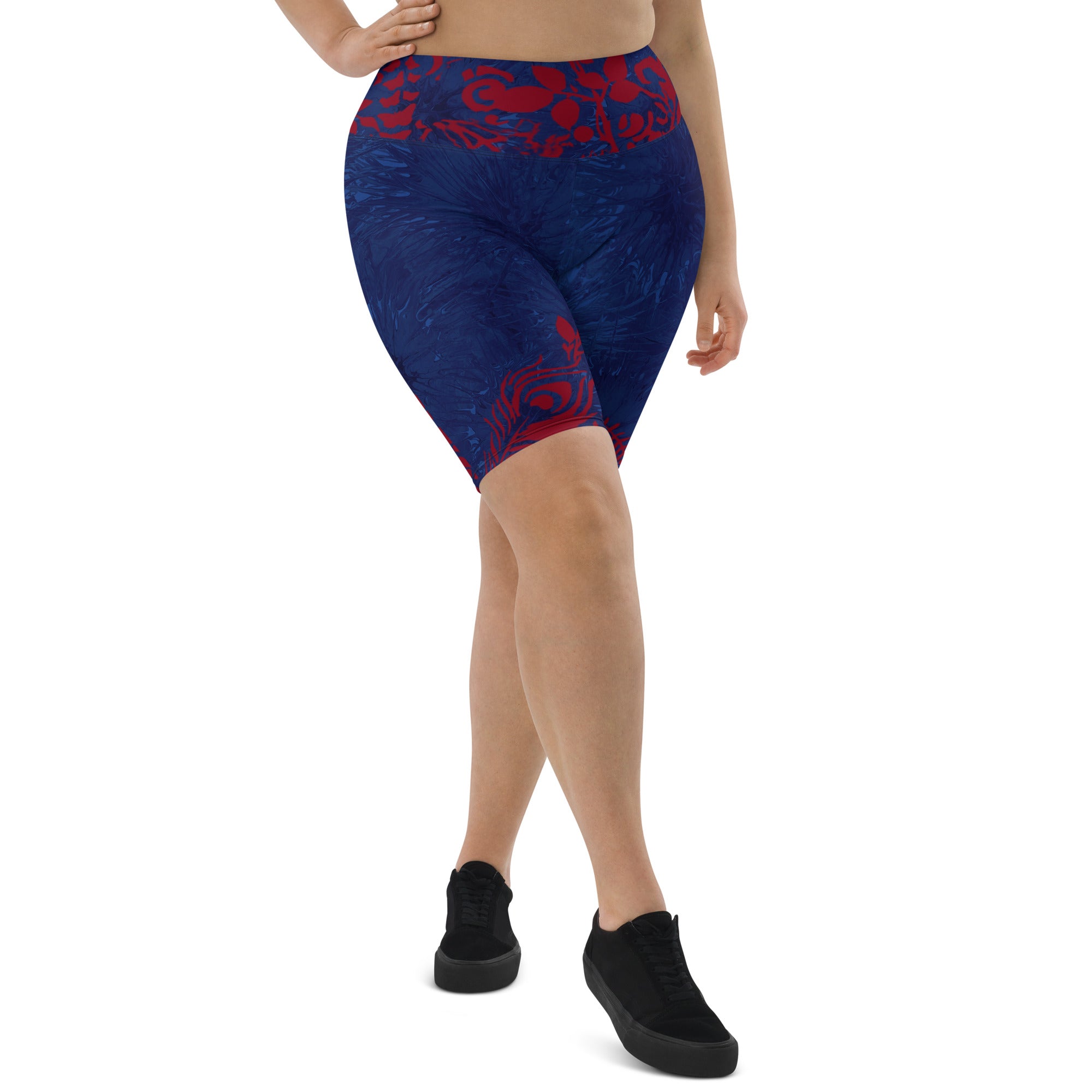 "Navy Blue Splatter with Red Flowers" Biker Shorts