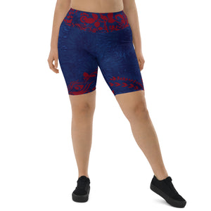 "Navy Blue Splatter with Red Flowers" Biker Shorts