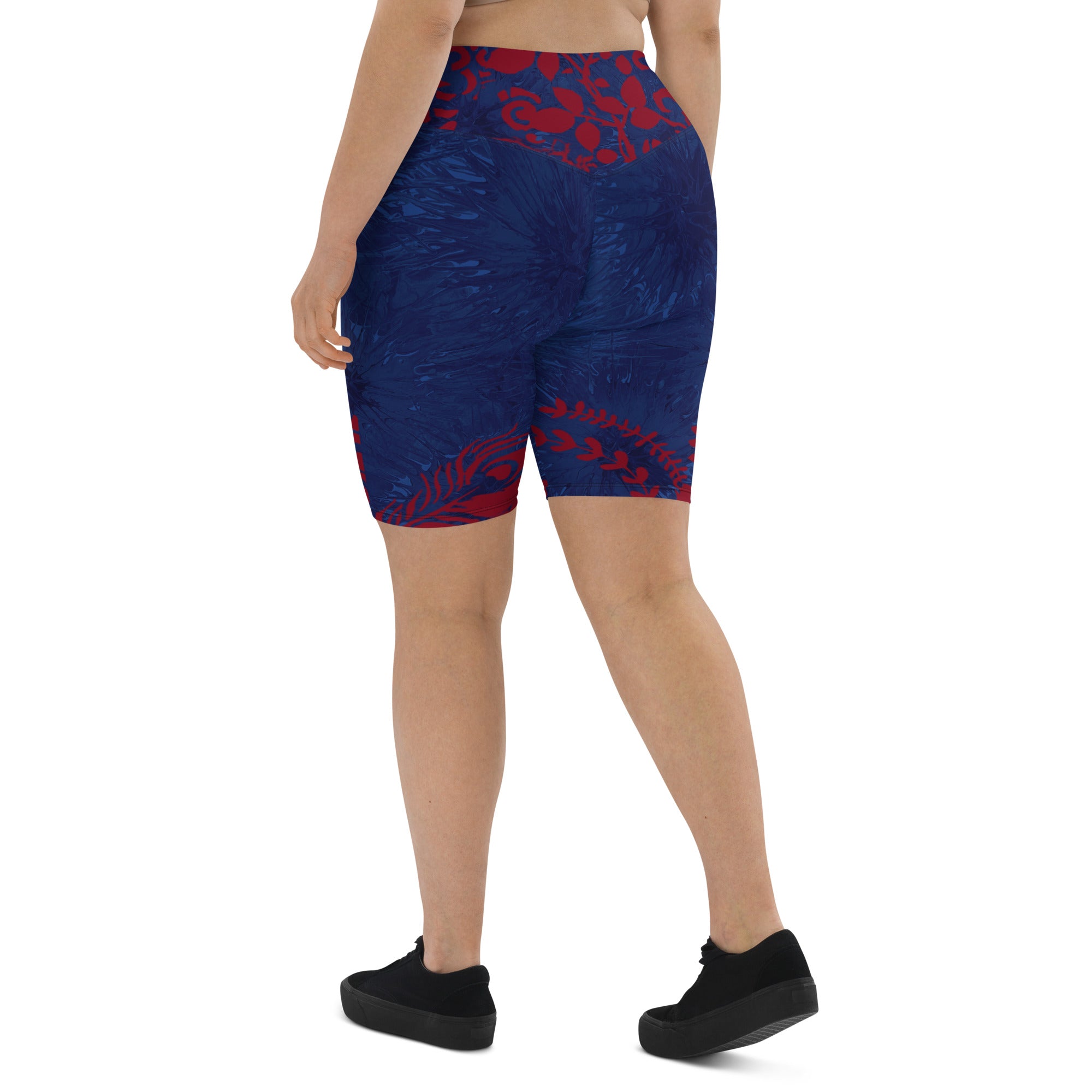 "Navy Blue Splatter with Red Flowers" Biker Shorts