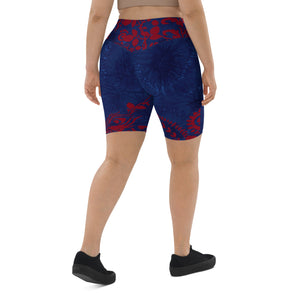 "Navy Blue Splatter with Red Flowers" Biker Shorts