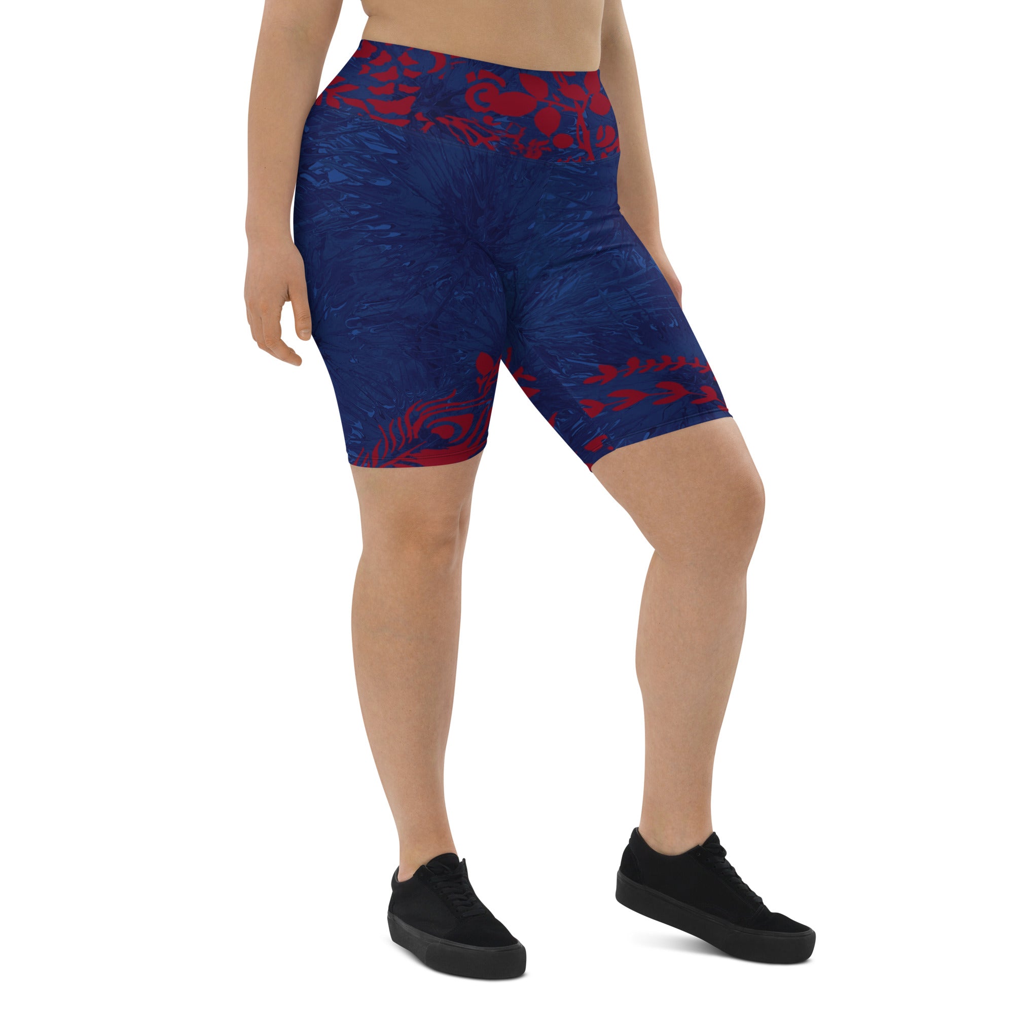 "Navy Blue Splatter with Red Flowers" Biker Shorts