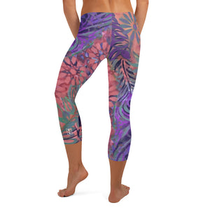 Flowers & Feathers Purple | Women's Fine Art Regular-Waist Capris