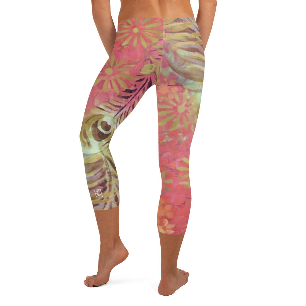 Flowers & Feathers Pink | Women's Fine Art Regular-Waist Capris