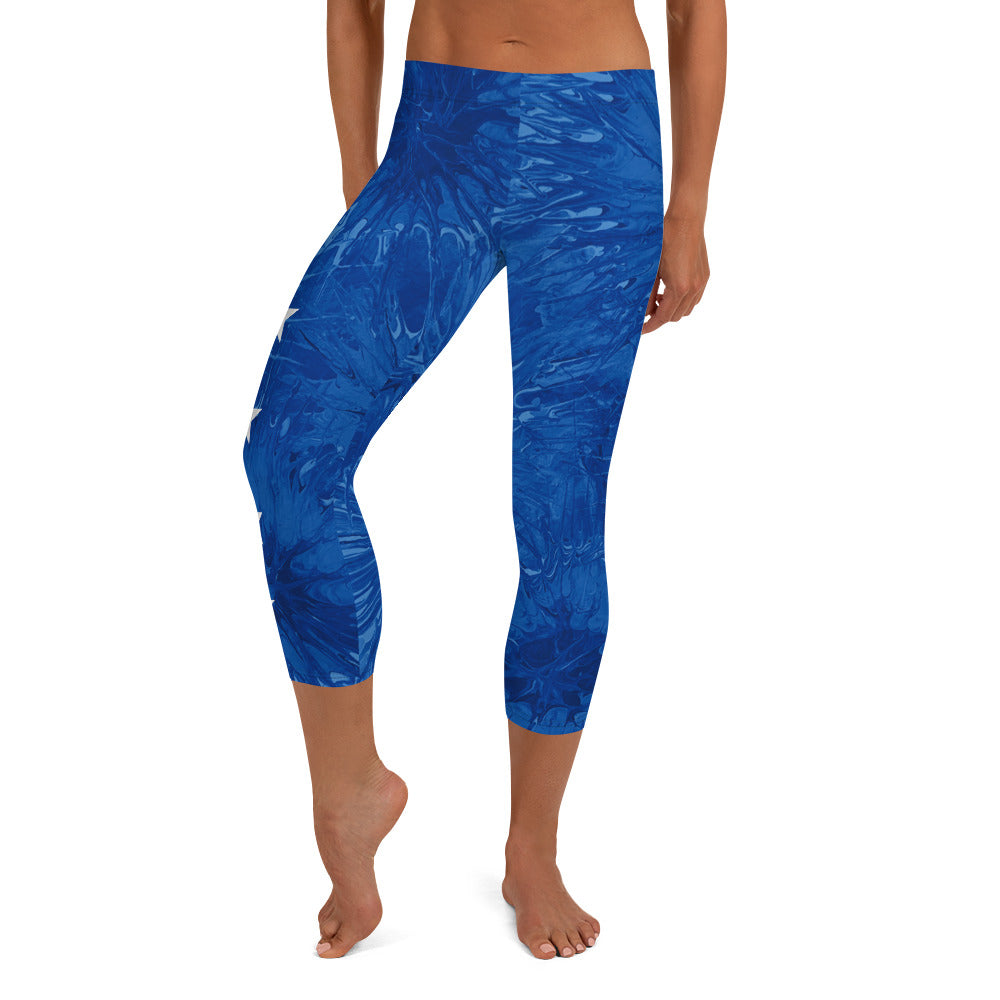 Bravery - Royal Blue Splatter with White Stars | Women's Fine Art Regular-Waist Capris