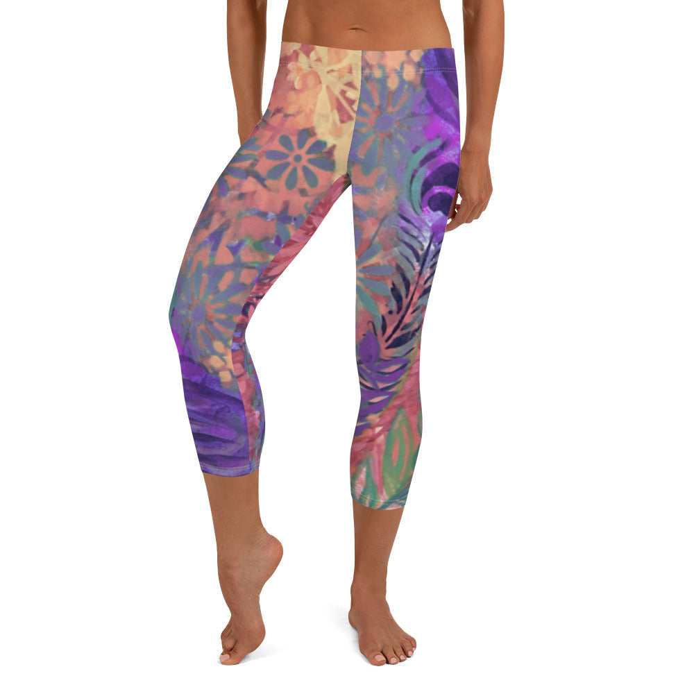 Flowers & Feathers Purple | Women's Fine Art Regular-Waist Capris