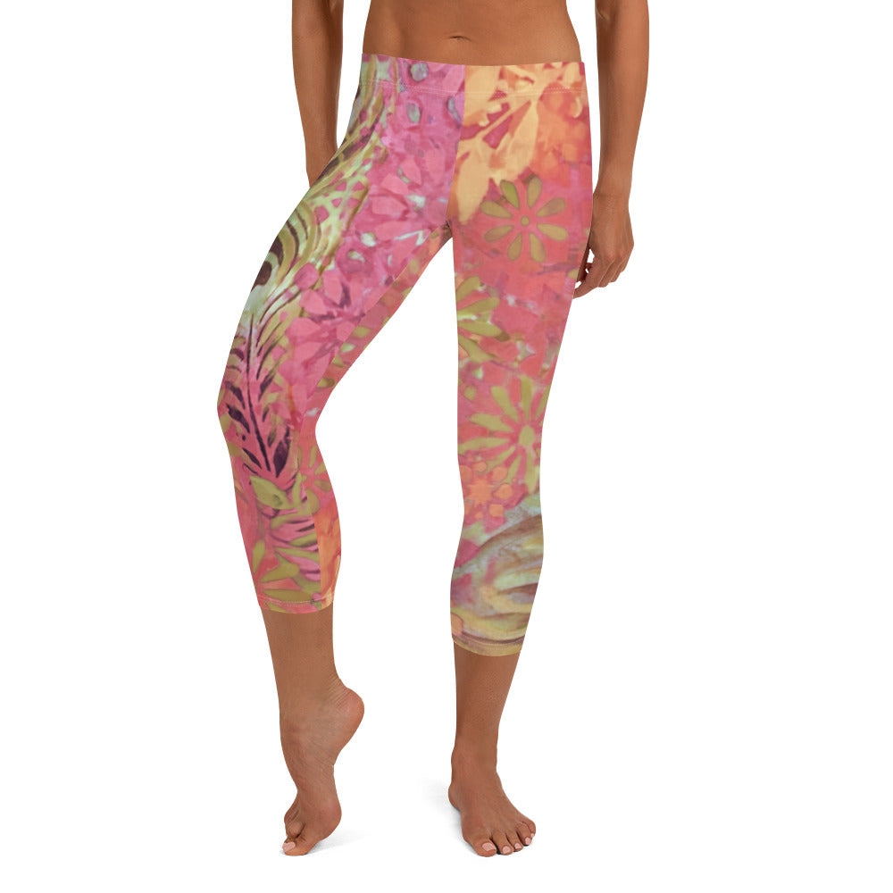 Flowers & Feathers Pink | Women's Fine Art Regular-Waist Capris