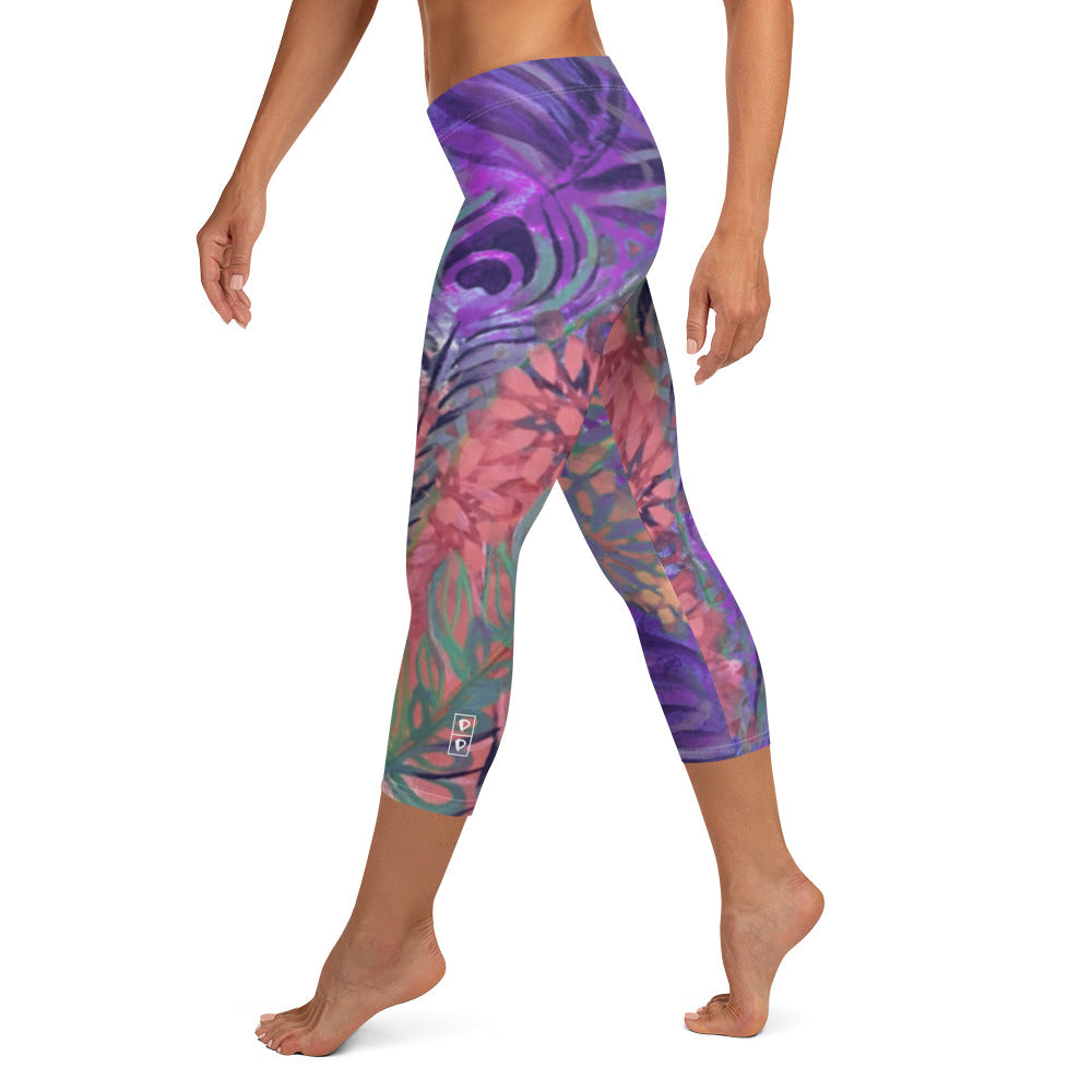 Flowers & Feathers Purple | Women's Fine Art Regular-Waist Capris