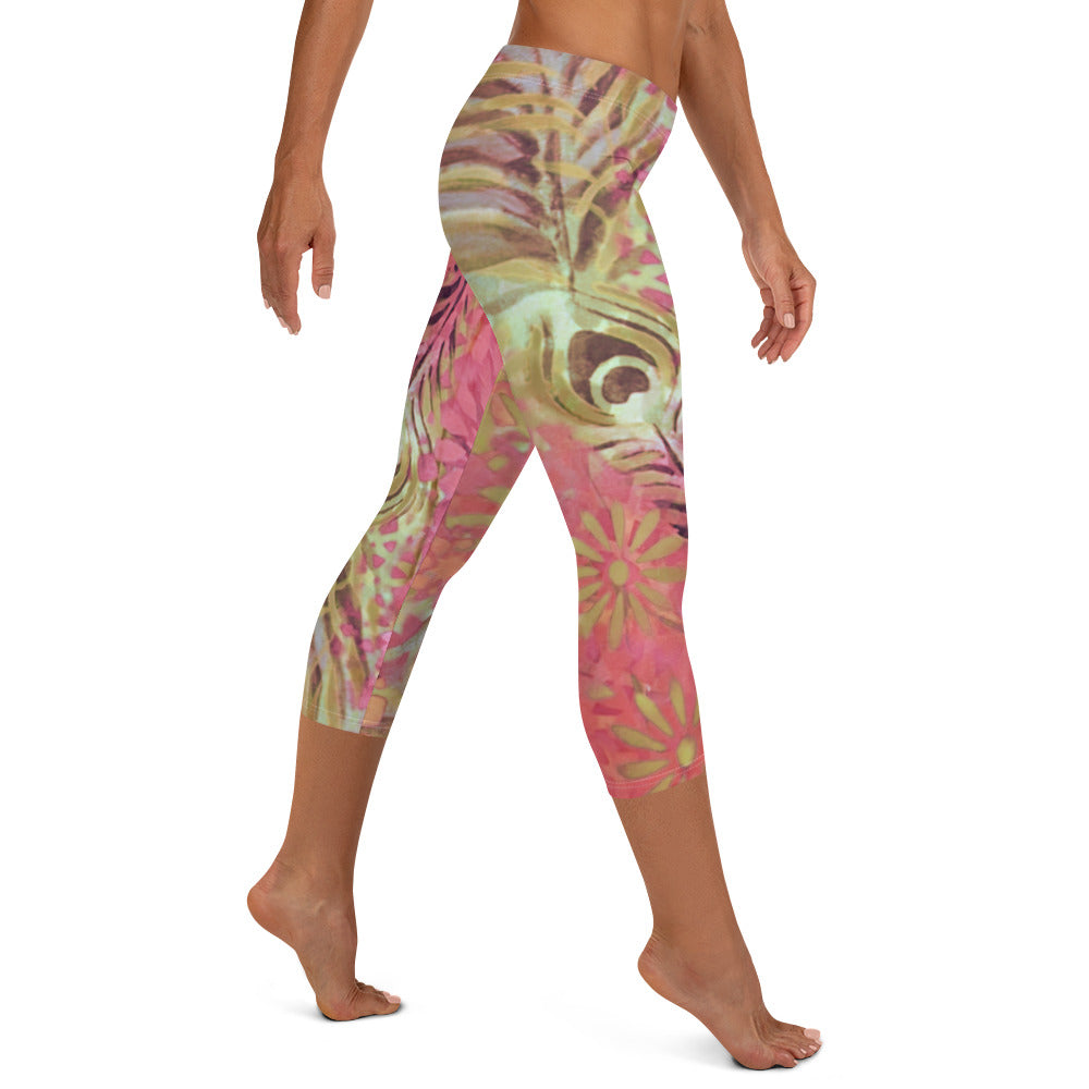 Flowers & Feathers Pink | Women's Fine Art Regular-Waist Capris