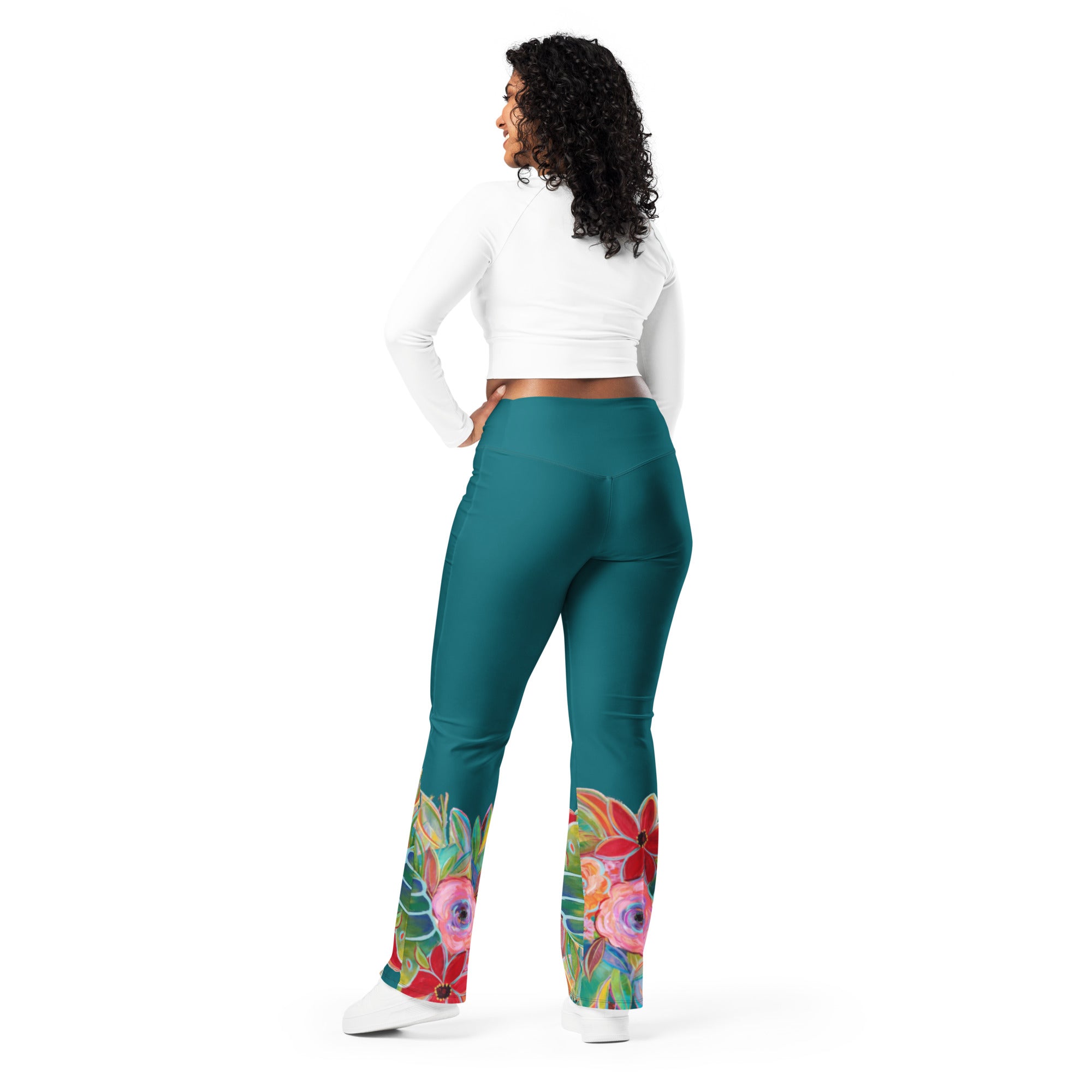 "Flowers on Teal" Flare Leggings