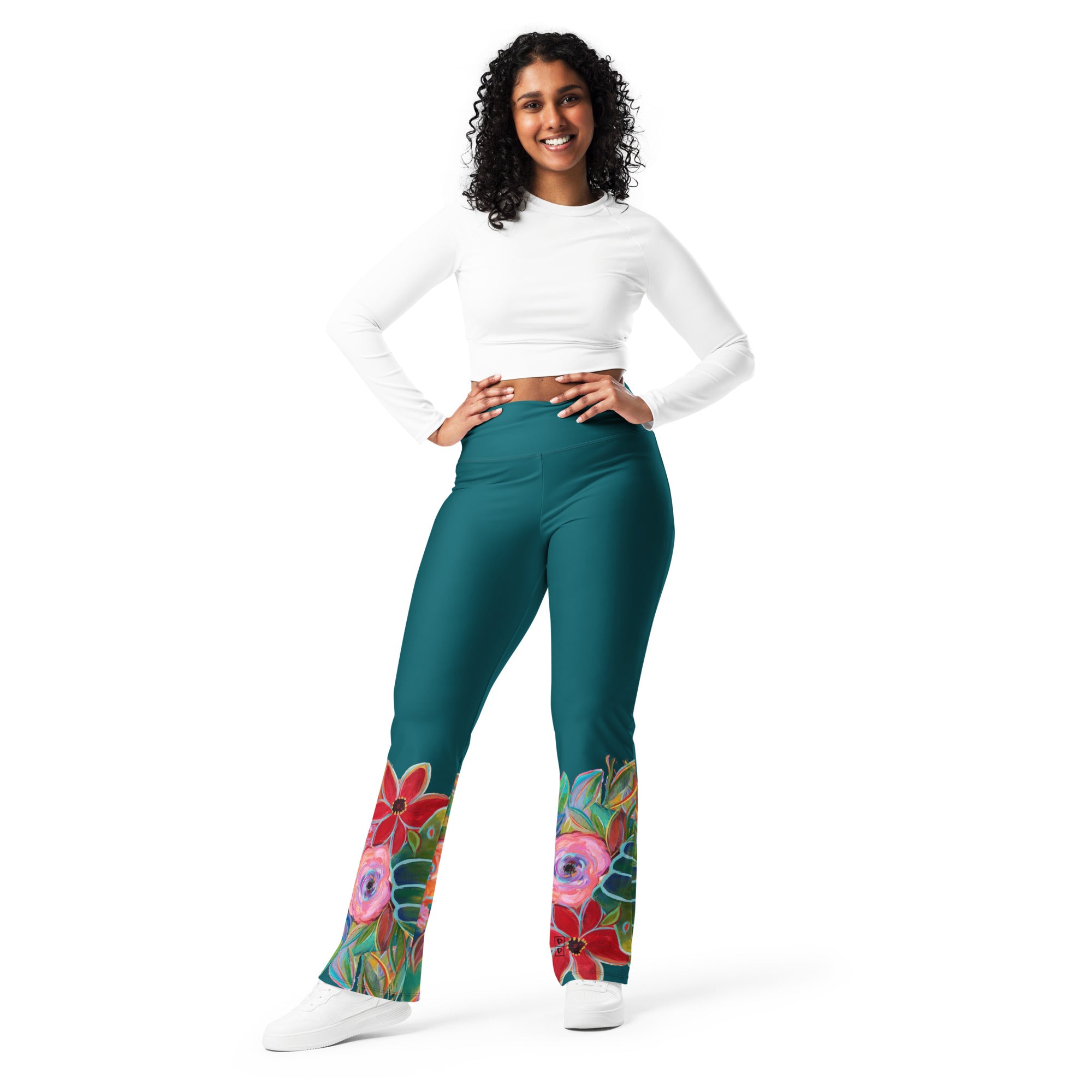 "Flowers on Teal" Flare Leggings