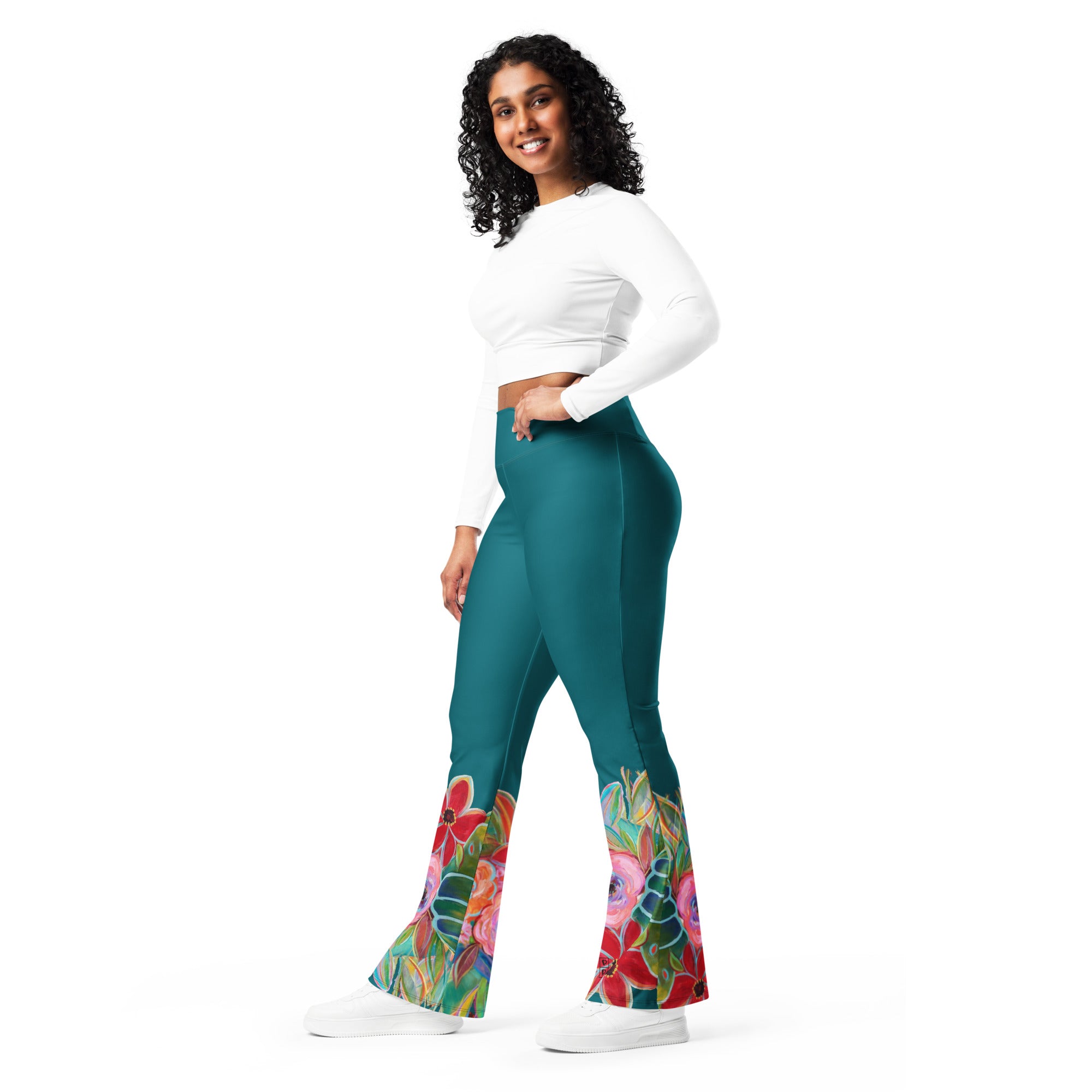 "Flowers on Teal" Flare Leggings