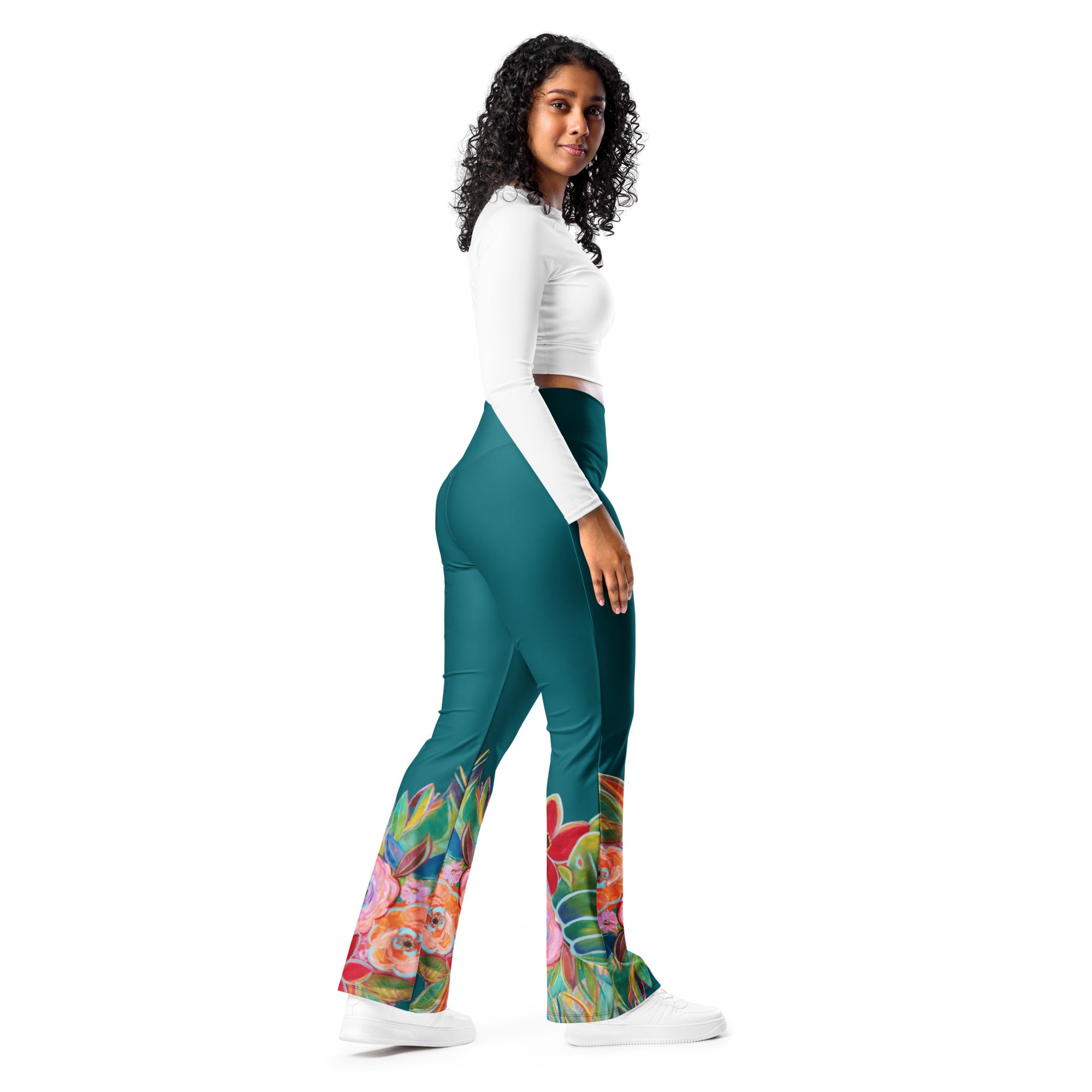 "Flowers on Teal" Flare Leggings