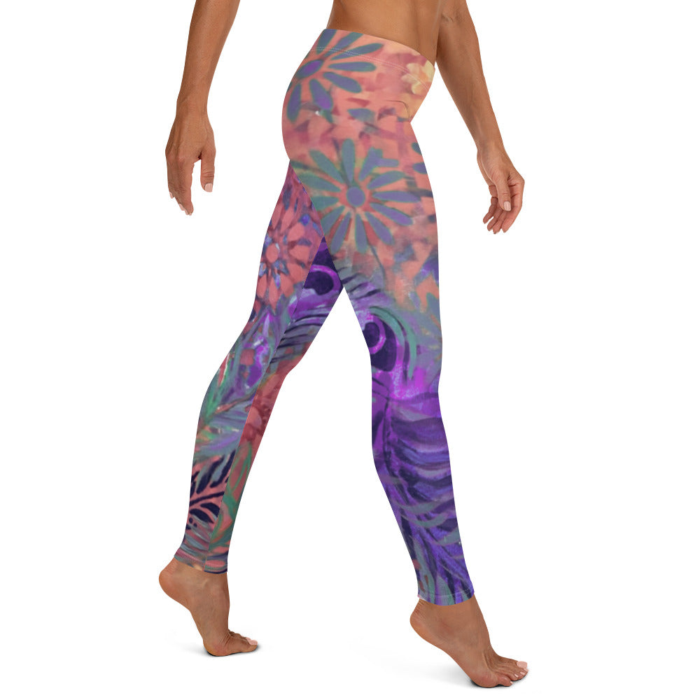 Flowers & Feathers Purple | Women's Fine Art Regular-Waist Leggings