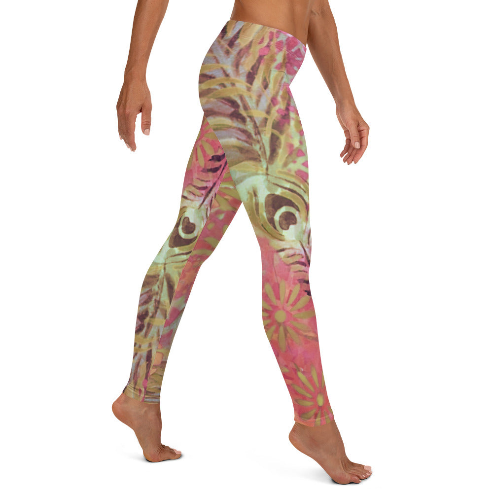 Flowers & Feathers Pink | Women's Fine Art Regular-Waist Leggings
