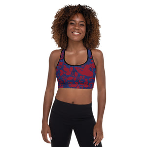 Navy Blue Splatter with Red Flowers | Women's Fine Art Padded Sports Bra