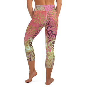 Flowers & Feathers Pink | Women's Fine Art High-Waist Capris