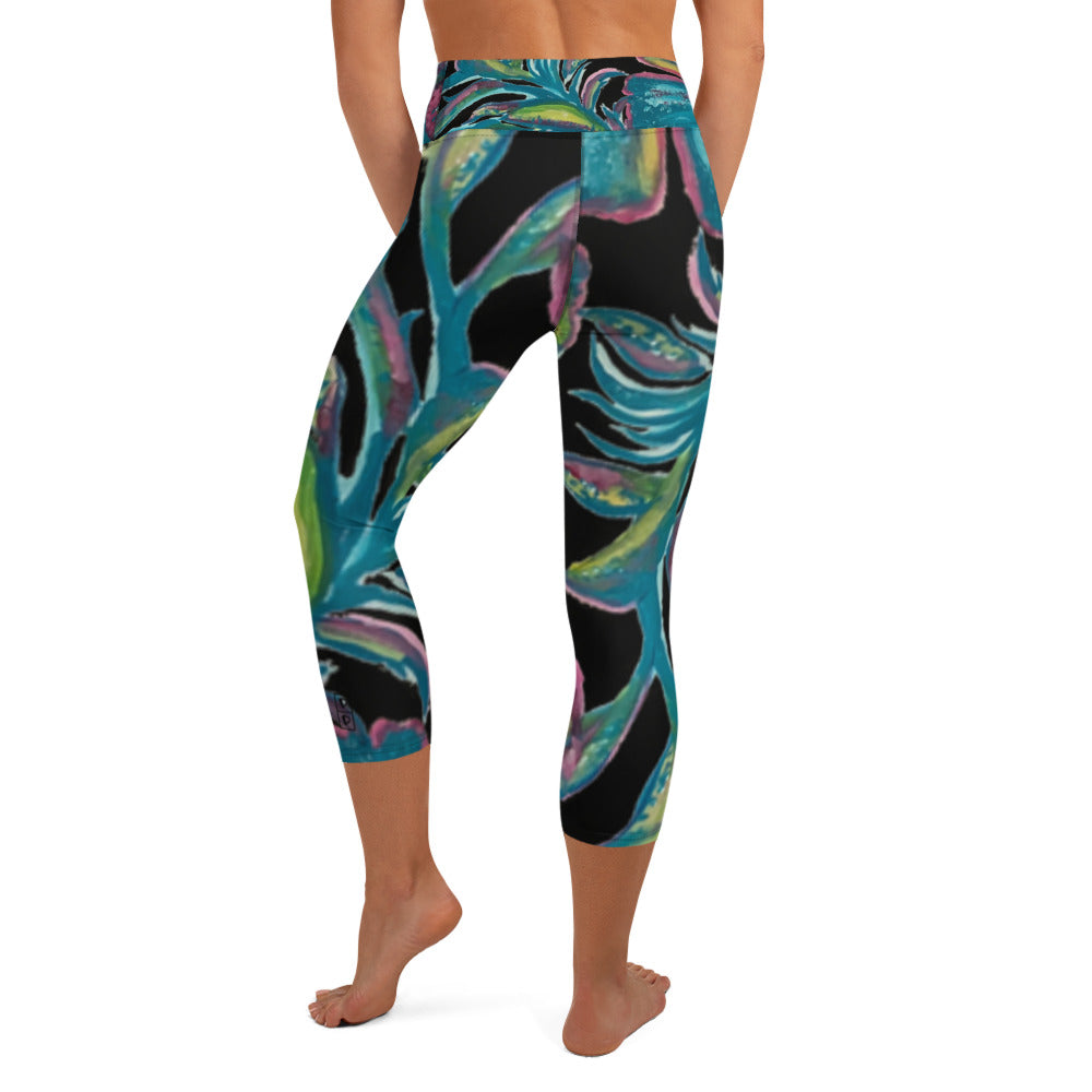 Turquoise Floral | Women's Fine Art High-Waist Capris