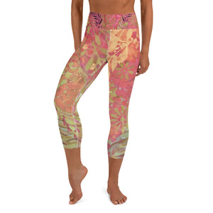 Flowers & Feathers Pink | Women's Fine Art High-Waist Capris