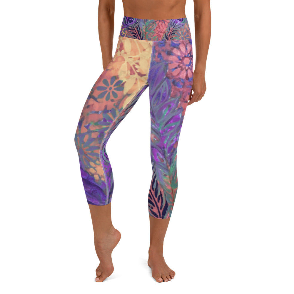 Flowers & Feathers Purple | Women's Fine Art High-Waist Capris