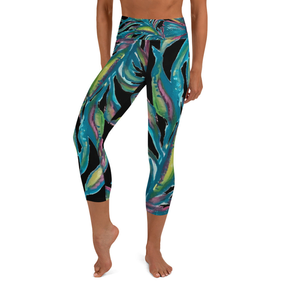 Turquoise Floral | Women's Fine Art High-Waist Capris