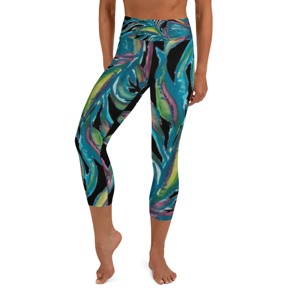 Turquoise Floral | Women's Fine Art High-Waist Capris