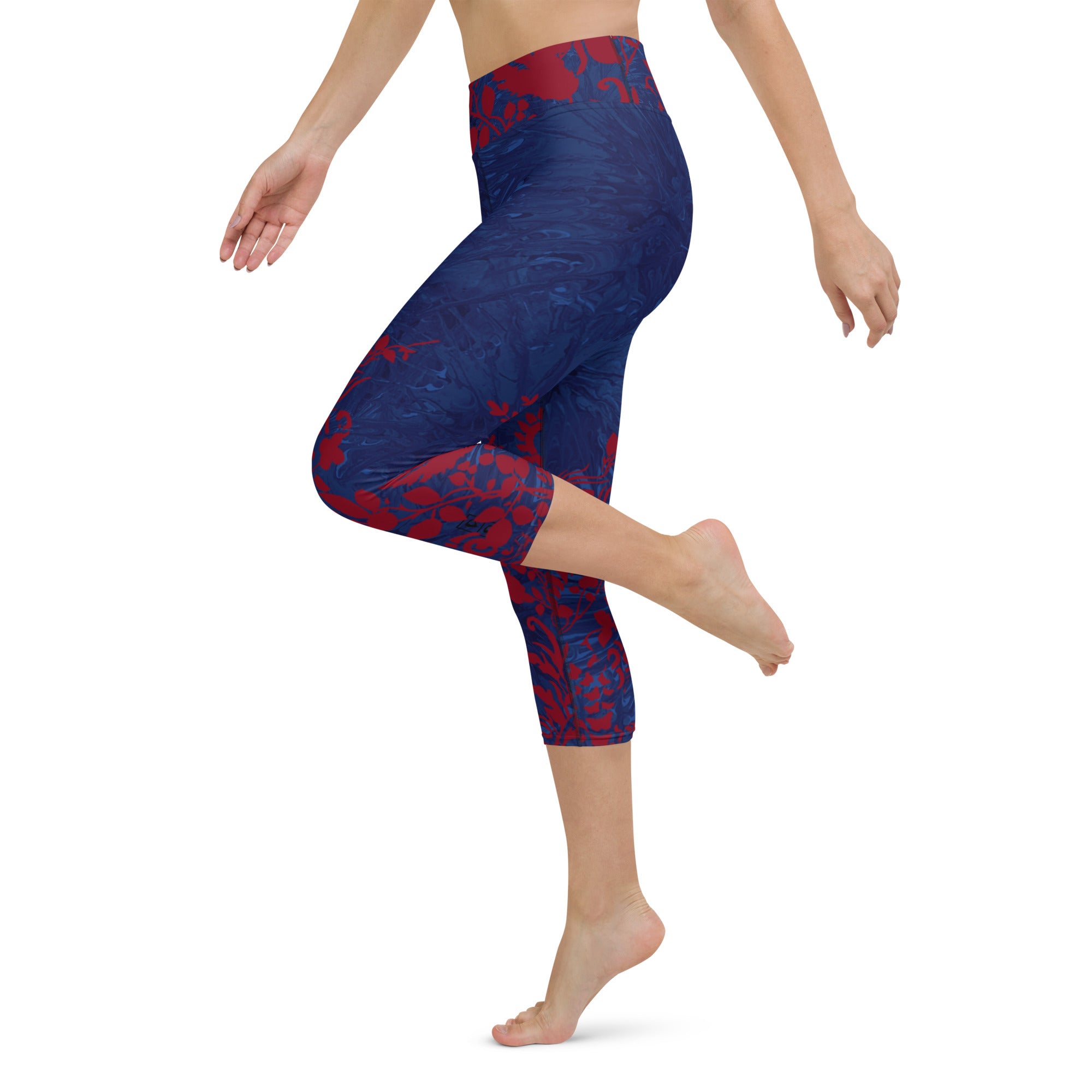 Navy Blue Splatter with Red Flowers | Women's Fine Art High-Waist Capris