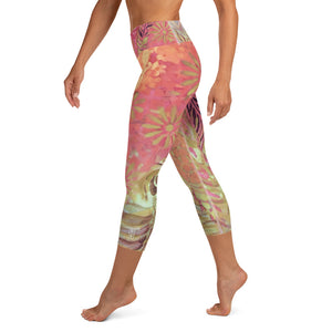 Flowers & Feathers Pink | Women's Fine Art High-Waist Capris