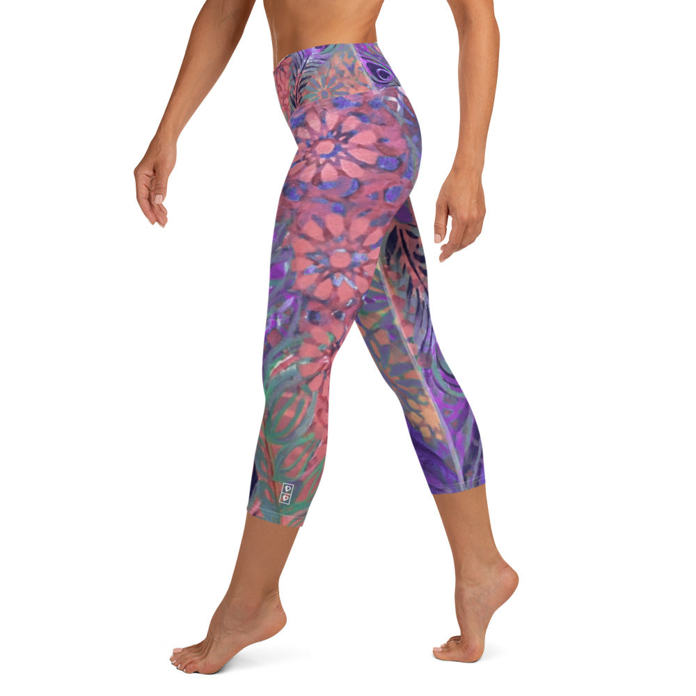Flowers & Feathers Purple | Women's Fine Art High-Waist Capris