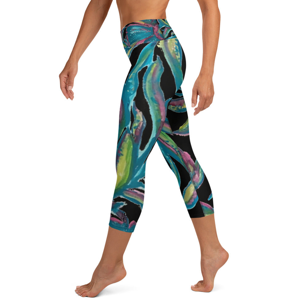 Turquoise Floral | Women's Fine Art High-Waist Capris
