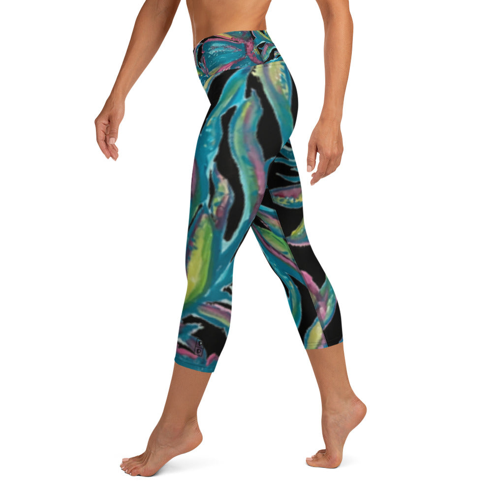 Turquoise Floral | Women's Fine Art High-Waist Capris