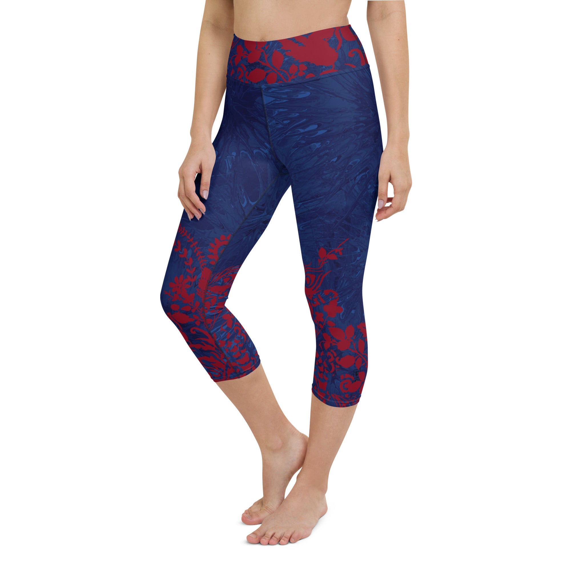 Navy Blue Splatter with Red Flowers | Women's Fine Art High-Waist Capris