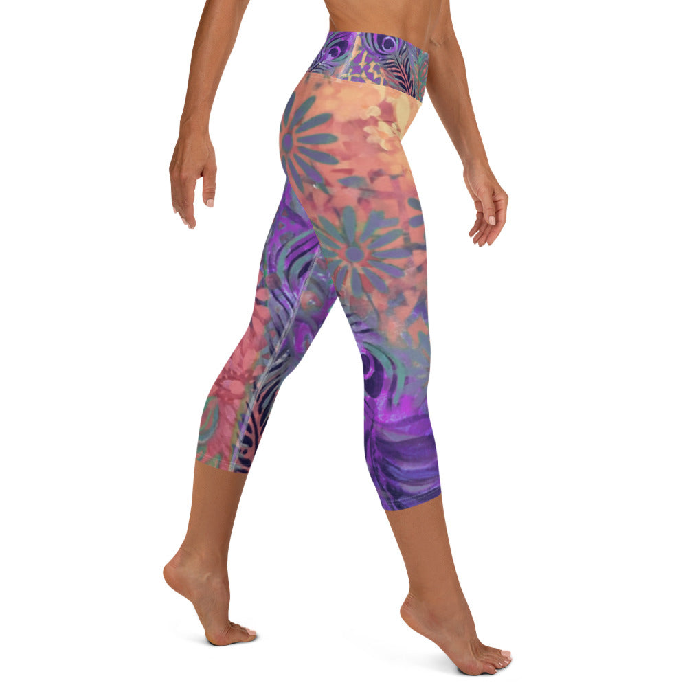 Flowers & Feathers Purple | Women's Fine Art High-Waist Capris