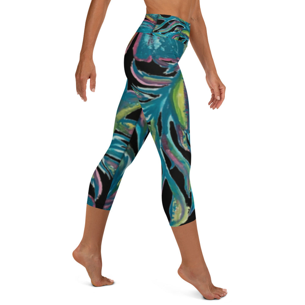 Turquoise Floral | Women's Fine Art High-Waist Capris