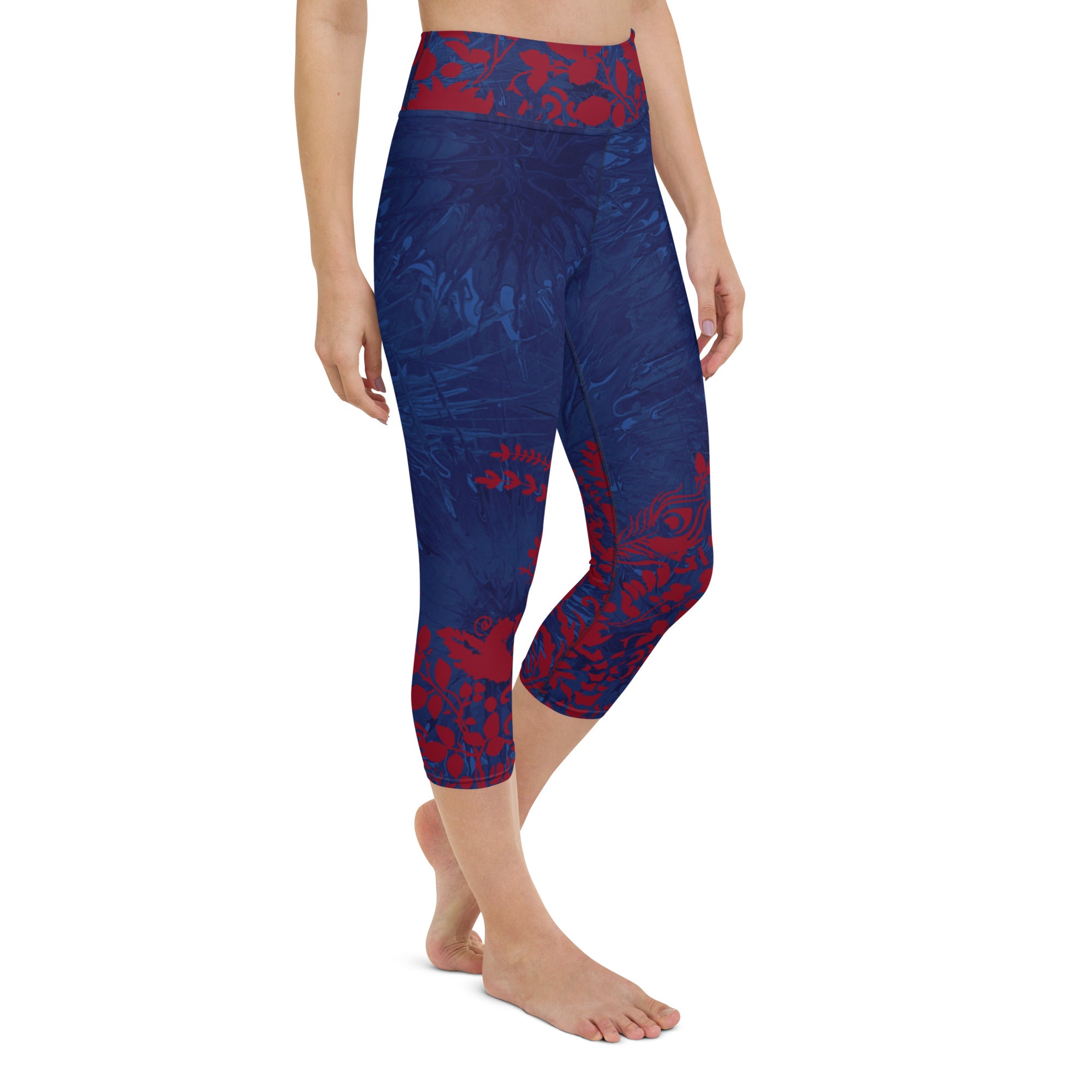 Navy Blue Splatter with Red Flowers | Women's Fine Art High-Waist Capris