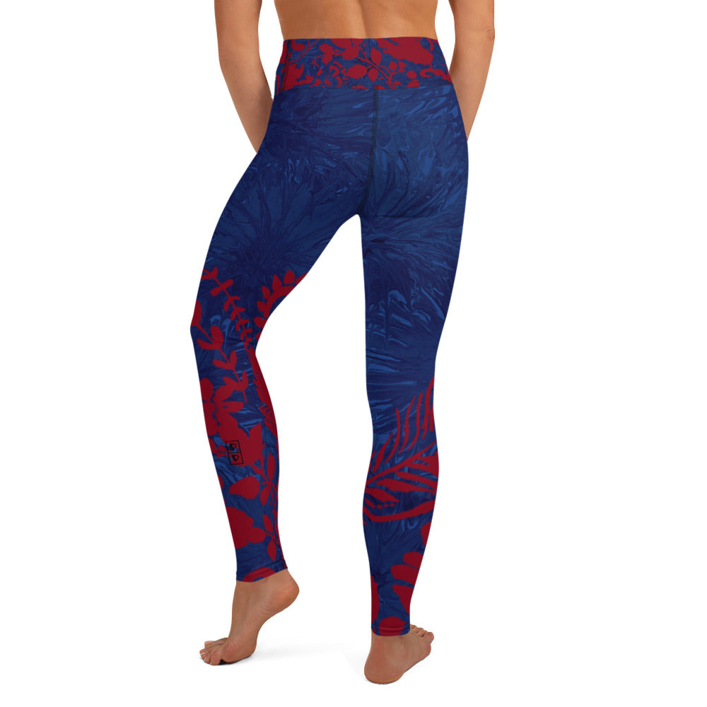 Navy Blue Splatter with Red Flowers | Women's Fine Art High-Waist Leggings