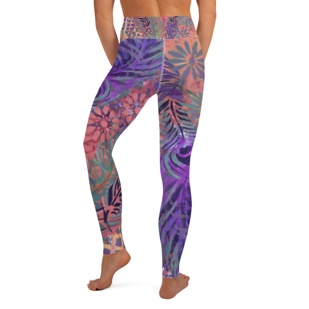 Flowers & Feathers Purple | Women's Fine Art High-Waist Leggings