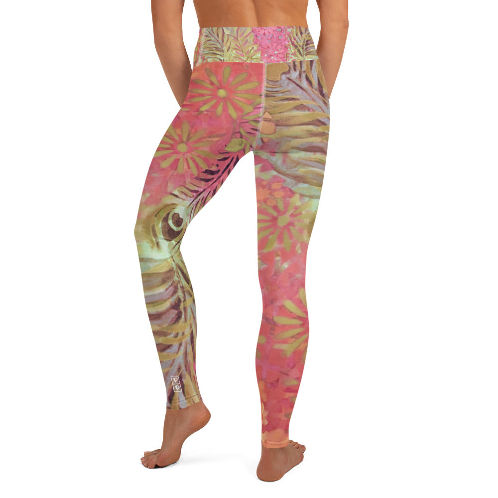 Flowers & Feathers Pink | Women's Fine Art High-Waist Leggings
