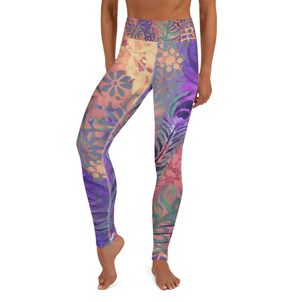 Flowers & Feathers Purple | Women's Fine Art High-Waist Leggings