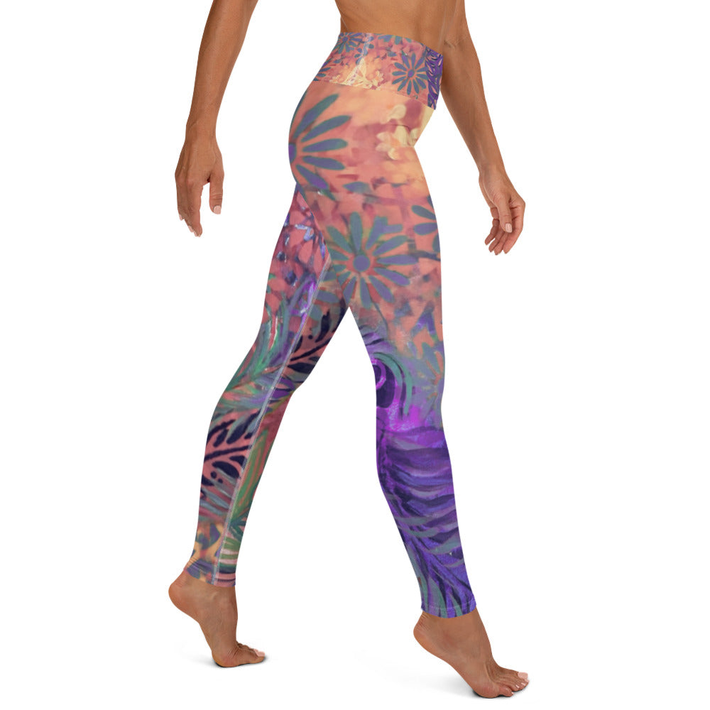 Flowers & Feathers Purple | Women's Fine Art High-Waist Leggings