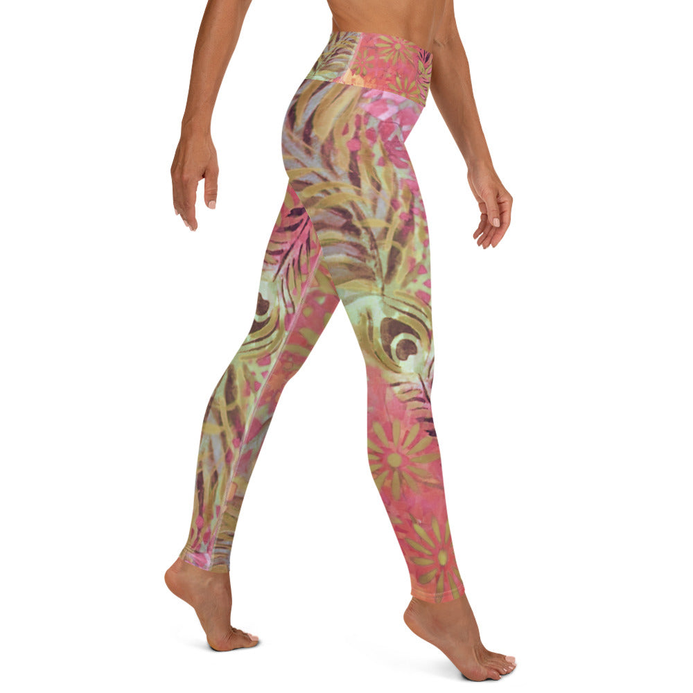 Flowers & Feathers Pink | Women's Fine Art High-Waist Leggings