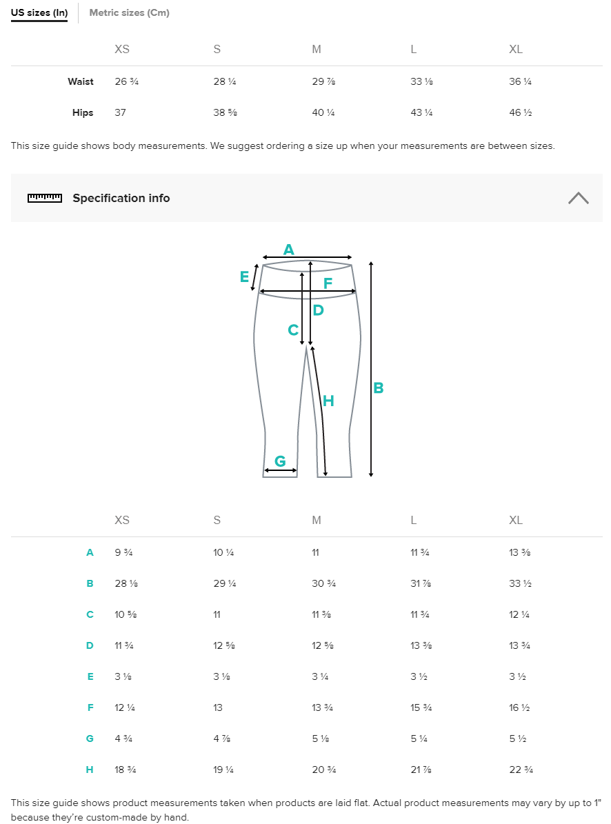 High Waist Capris Size Chart