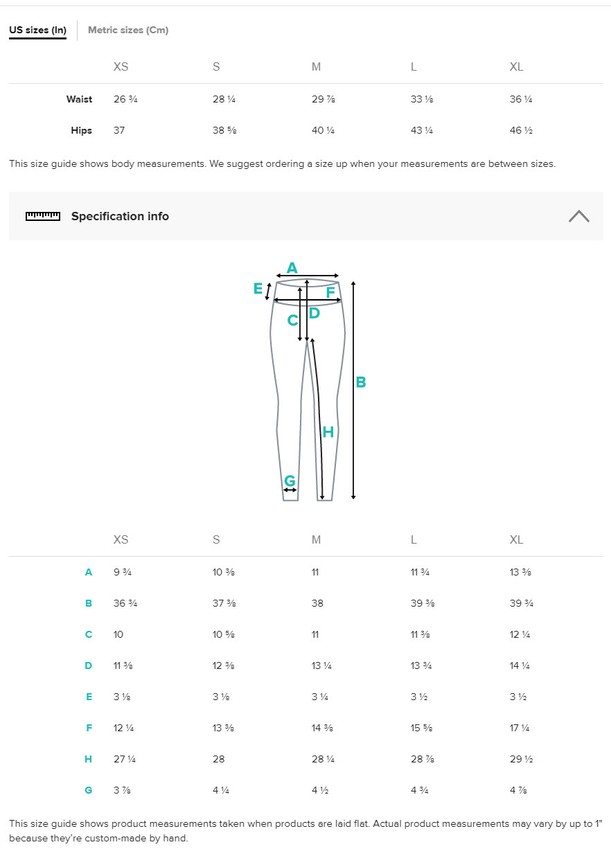 High Waist Leggings Size Chart