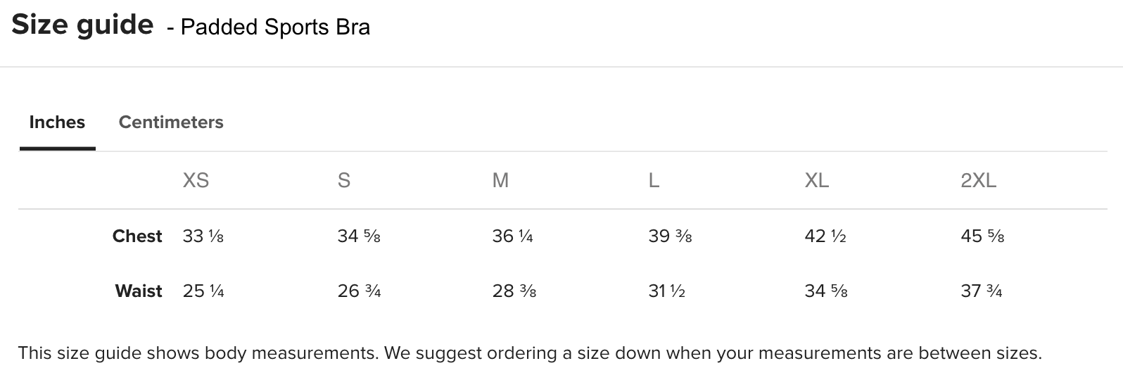 Padded Sports Bra Size Chart